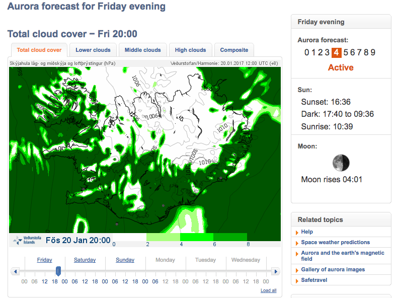 Icelandic Met Office Website. This shot indicates it will be may be a good night to see the northern lights in southern Iceland.